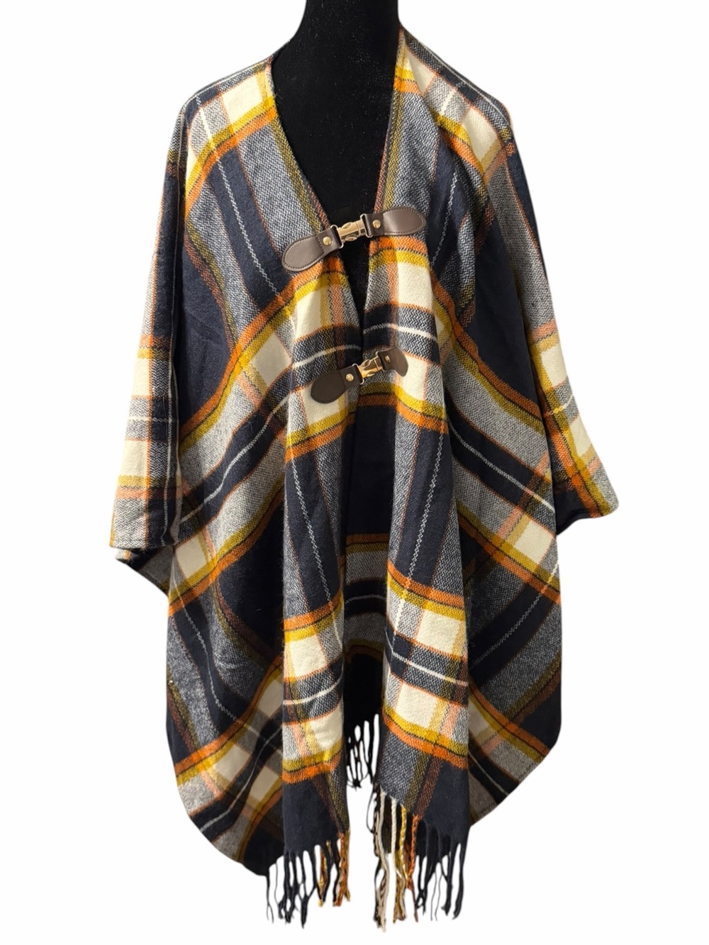 NWT Plaid Blanket Cape Poncho Navy Toggle Fringe One Size